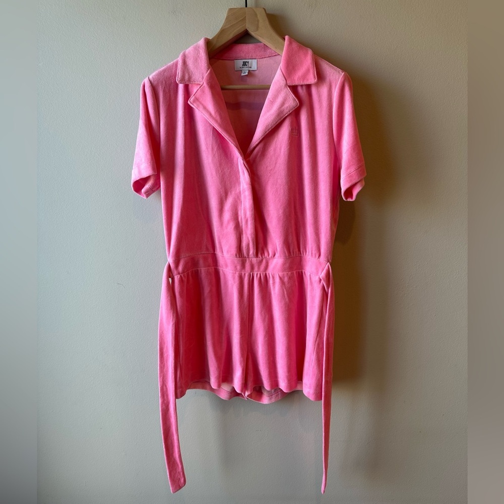 Juicy Couture Velour Pink Short-Sleeve Self-Tie Romper Size L